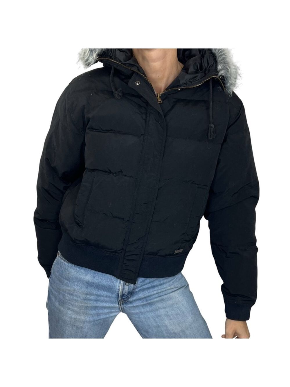 Vintage black cropped hooded down puffer coat L